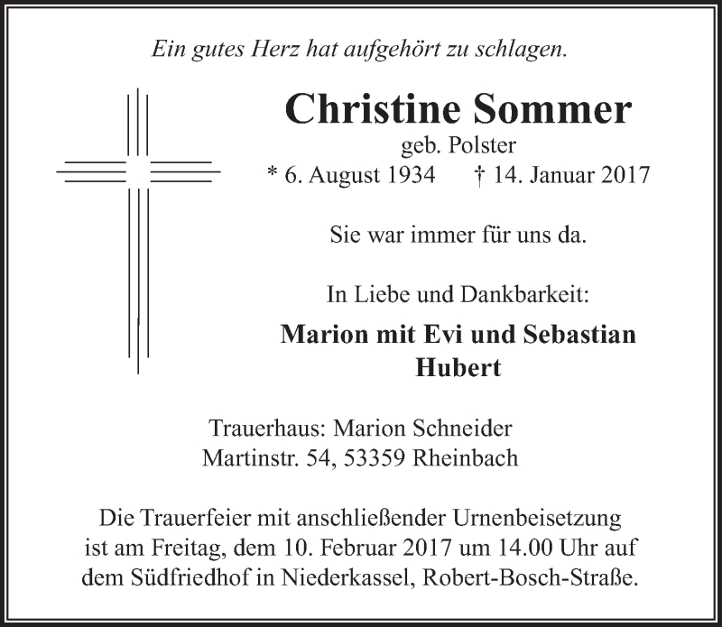  Traueranzeige für Christine Sommer vom 25.01.2017 aus  Extra Blatt 