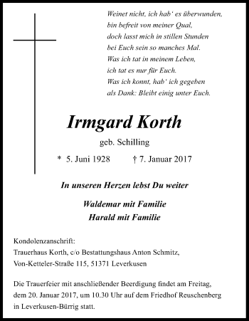 Anzeige von Irmgard Korth von Kölner Stadt-Anzeiger / Kölnische Rundschau / Express