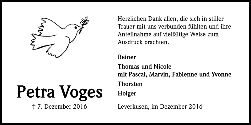  Traueranzeige für Petra Voges vom 07.01.2017 aus Kölner Stadt-Anzeiger / Kölnische Rundschau / Express