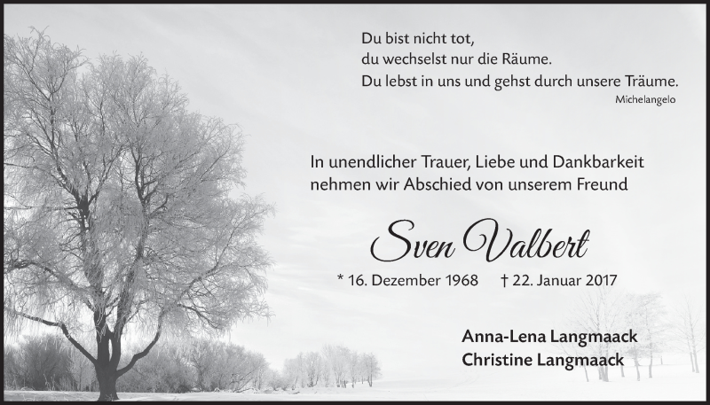  Traueranzeige für Sven Valbert vom 01.02.2017 aus  Anzeigen Echo 