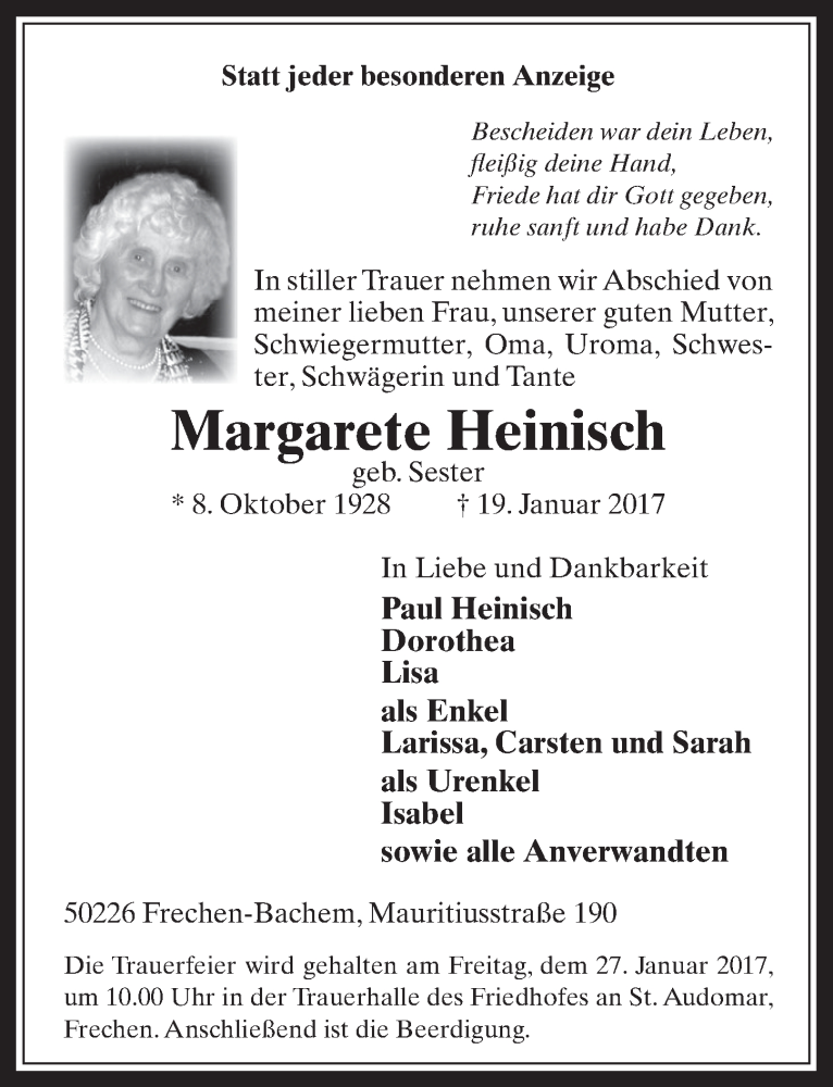  Traueranzeige für Margarete Heinisch vom 25.01.2017 aus  Wochenende 