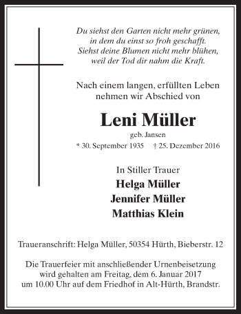 Anzeige von Leni Müller von  Wochenende 