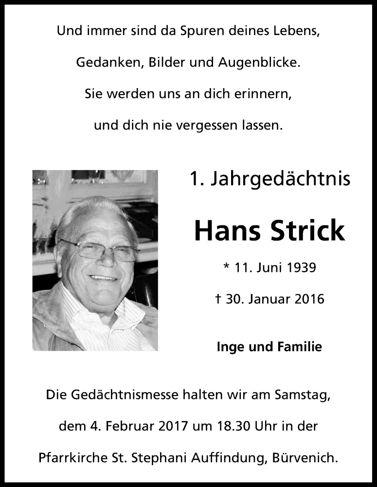  Traueranzeige für Hans Strick vom 28.01.2017 aus Kölner Stadt-Anzeiger / Kölnische Rundschau / Express
