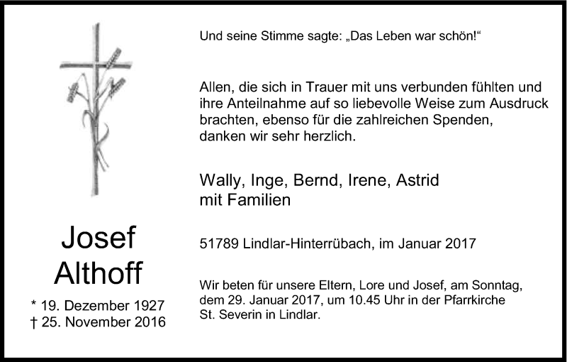  Traueranzeige für Josef Althoff vom 21.01.2017 aus Kölner Stadt-Anzeiger / Kölnische Rundschau / Express