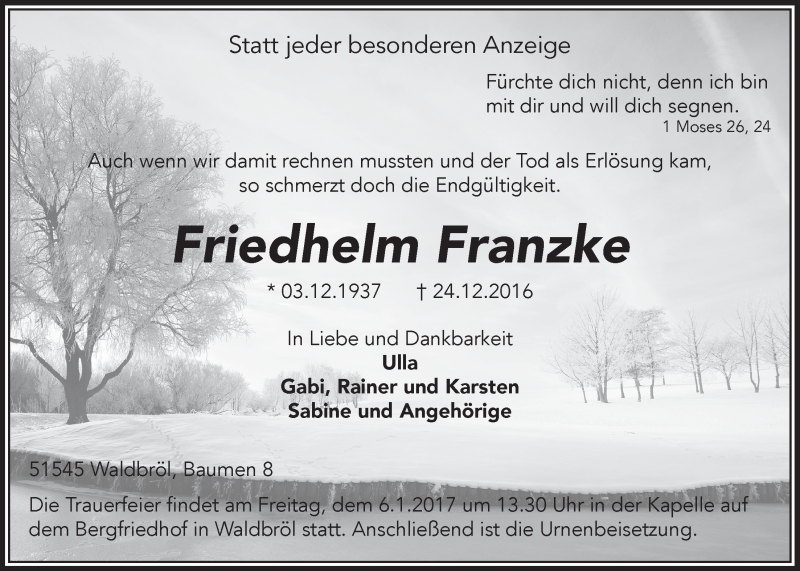  Traueranzeige für Friedhelm Franzke vom 04.01.2017 aus  Lokalanzeiger 