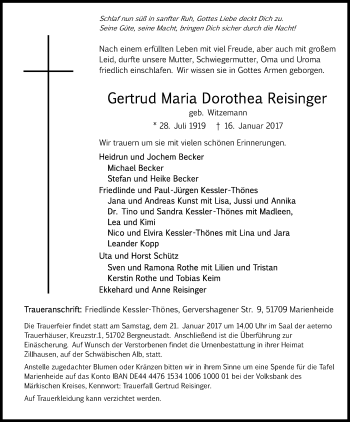 Anzeige von Gertrud Maria Dorothea Reisinger von Kölner Stadt-Anzeiger / Kölnische Rundschau / Express