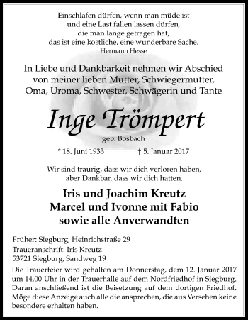 Anzeige von Inge Trömpert von Kölner Stadt-Anzeiger / Kölnische Rundschau / Express