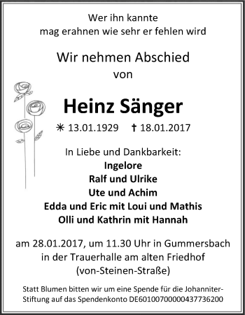 Anzeige von Heinz Sänger von Kölner Stadt-Anzeiger / Kölnische Rundschau / Express