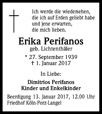 Anzeige von Erika Perifanos von Kölner Stadt-Anzeiger / Kölnische Rundschau / Express