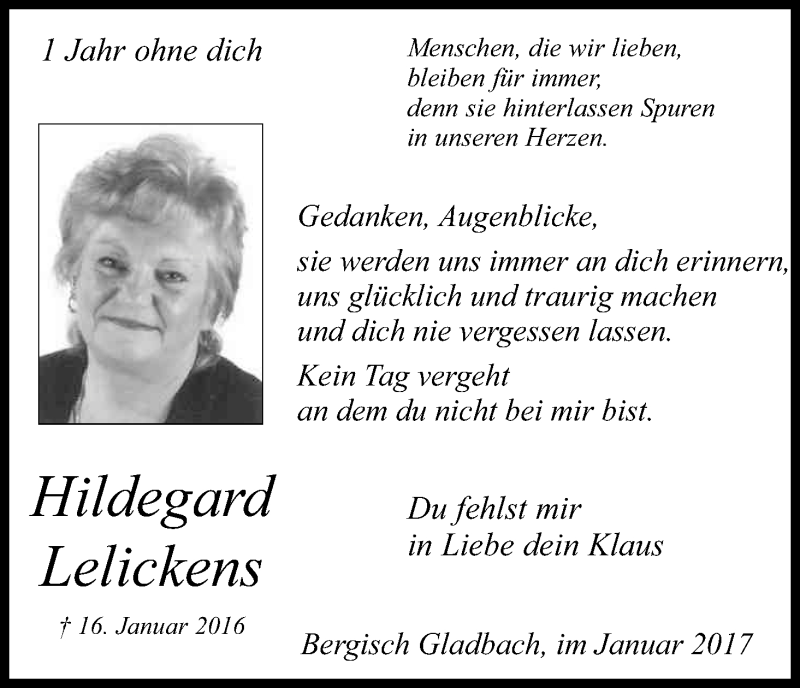 Traueranzeige für Hildegard Lelickens vom 16.01.2017 aus Kölner Stadt-Anzeiger / Kölnische Rundschau / Express