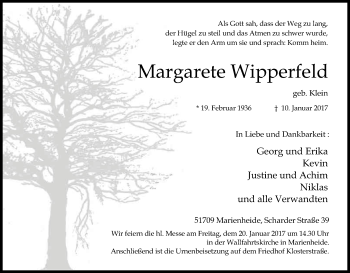 Anzeige von Margarete Wipperfeld von Kölner Stadt-Anzeiger / Kölnische Rundschau / Express