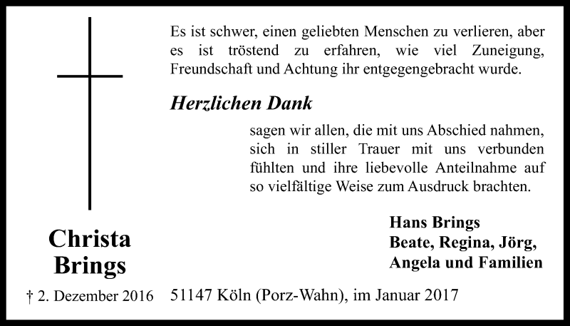  Traueranzeige für Christa Brings vom 04.01.2017 aus  Kölner Wochenspiegel 