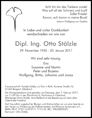 Anzeige von Otto Stölzle von Kölner Stadt-Anzeiger / Kölnische Rundschau / Express