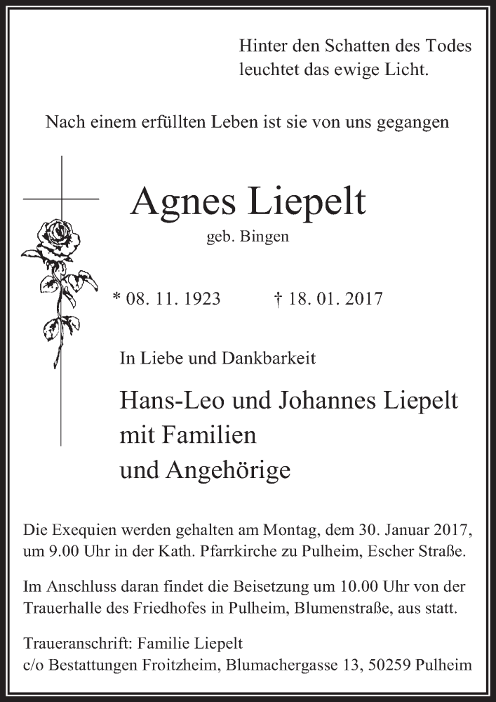  Traueranzeige für Agnes Liepelt vom 25.01.2017 aus  Wochenende 