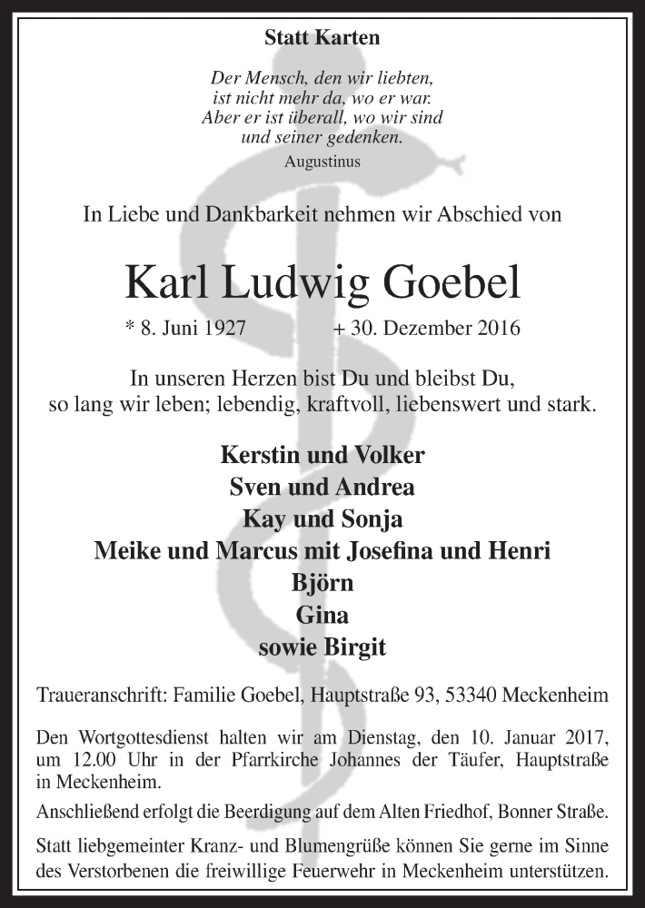  Traueranzeige für Karl Ludwig Goebel vom 04.01.2017 aus  Schaufenster/Blickpunkt 