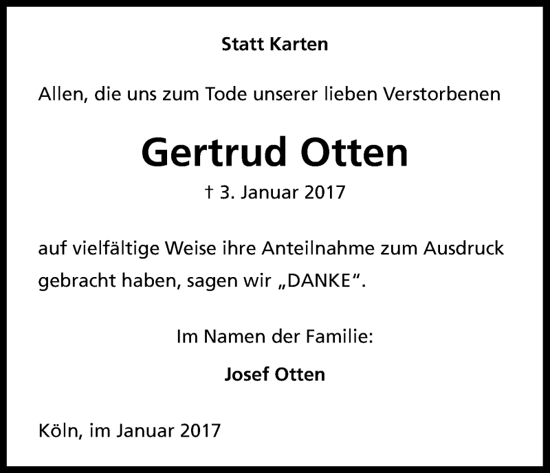  Traueranzeige für Gertrud Otten vom 21.01.2017 aus Kölner Stadt-Anzeiger / Kölnische Rundschau / Express