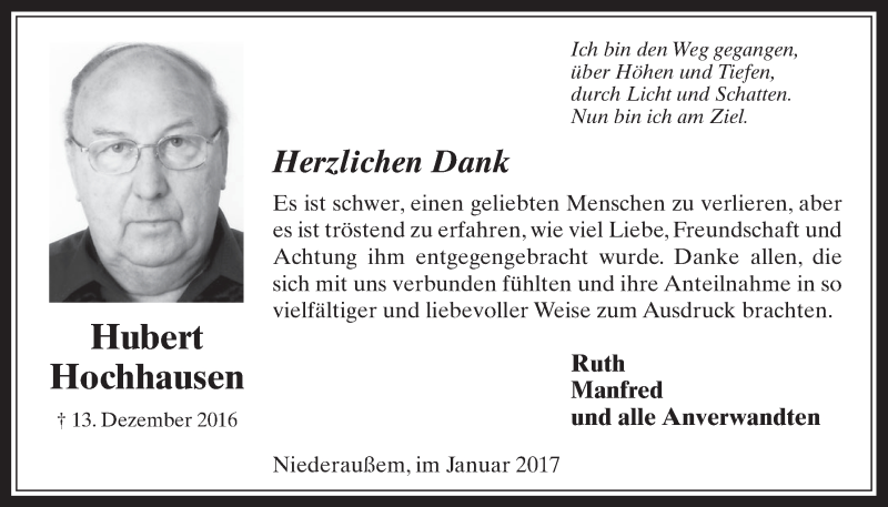  Traueranzeige für Hubert Hochhausen vom 11.01.2017 aus  Werbepost 