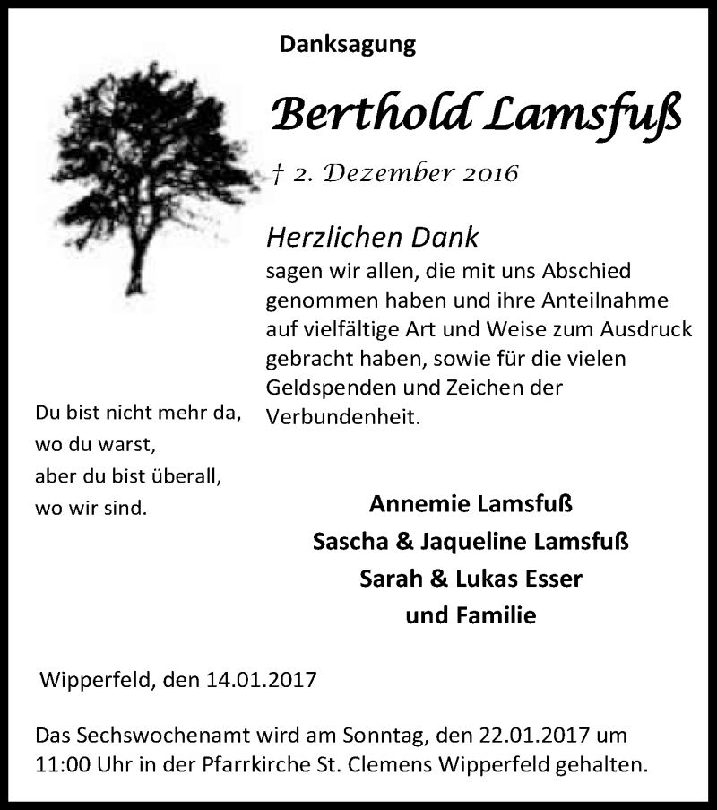  Traueranzeige für Berthold Lamsfuß vom 14.01.2017 aus Kölner Stadt-Anzeiger / Kölnische Rundschau / Express