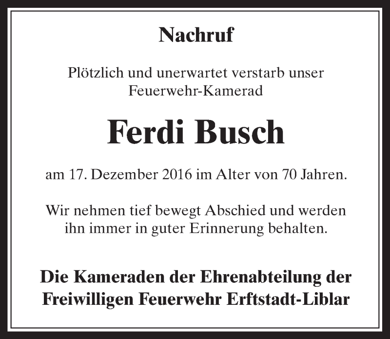  Traueranzeige für Ferdi Busch vom 18.01.2017 aus  Werbepost 