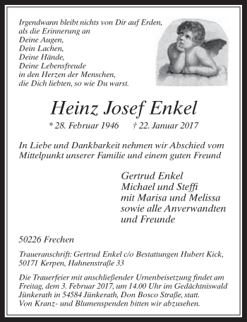 Anzeige von Heinz Josef Enkel von  Wochenende  Werbepost 