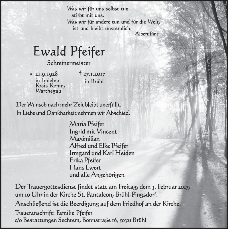  Traueranzeige für Ewald Pfeifer vom 01.02.2017 aus  Schlossbote/Werbekurier 