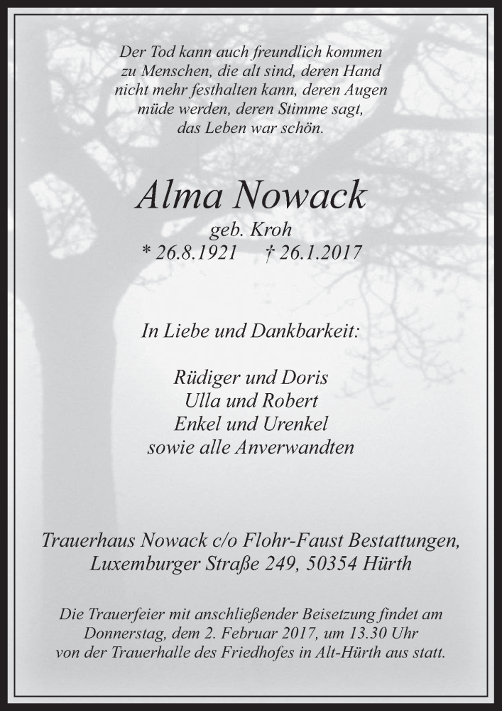  Traueranzeige für Alma Nowack vom 01.02.2017 aus  Wochenende 