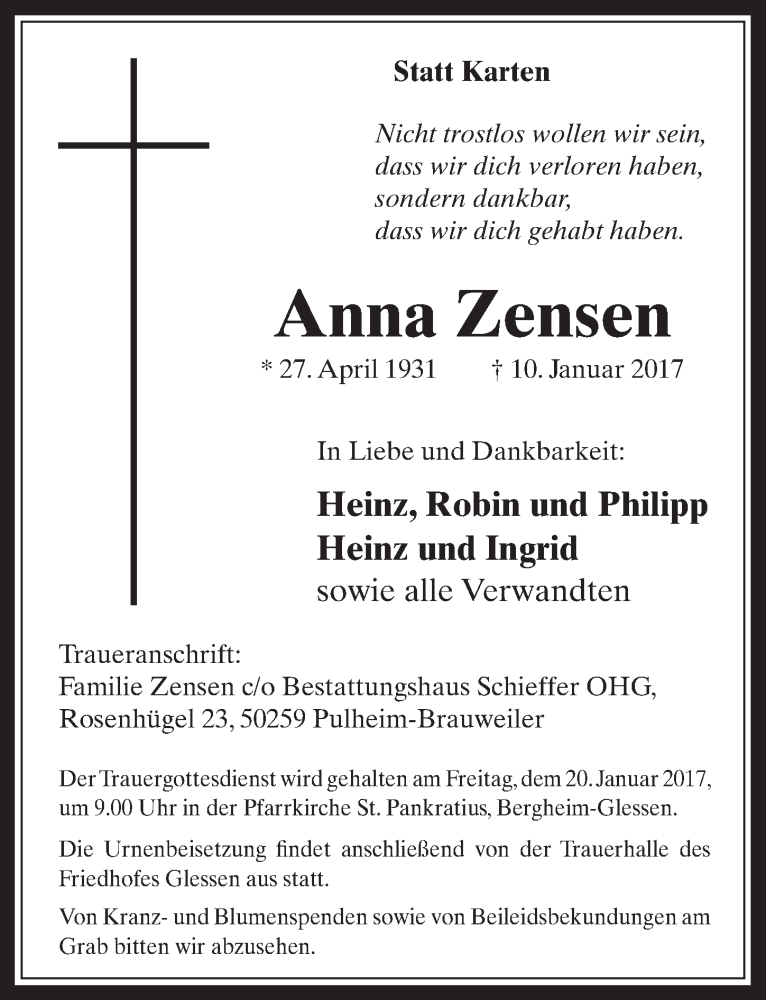  Traueranzeige für Anna Zensen vom 18.01.2017 aus  Werbepost 