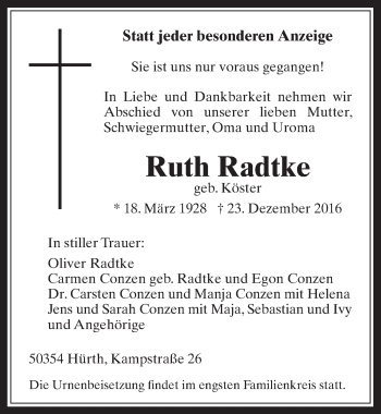 Anzeige von Ruth Radtke von  Wochenende 