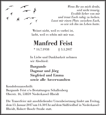 Anzeige von Manfred Feist von  Extra Blatt 