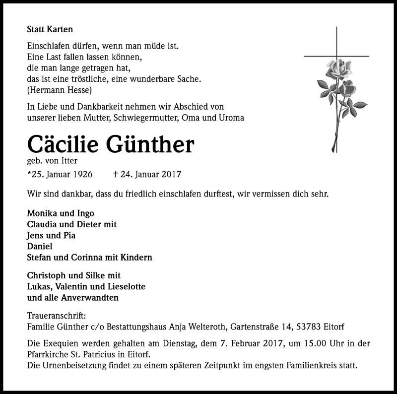  Traueranzeige für Cäcilie Günther vom 28.01.2017 aus Kölner Stadt-Anzeiger / Kölnische Rundschau / Express