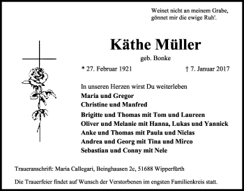 Anzeige von Käthe Müller von Kölner Stadt-Anzeiger / Kölnische Rundschau / Express