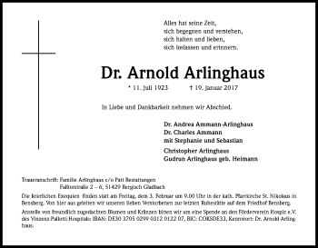 Anzeige von Arnold Arlinghaus von Kölner Stadt-Anzeiger / Kölnische Rundschau / Express