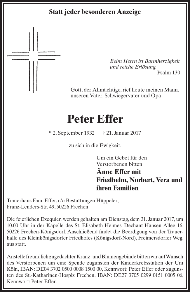  Traueranzeige für Peter Effer vom 28.01.2017 aus  Sonntags-Post 