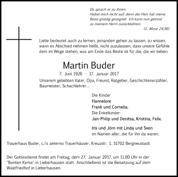 Anzeige von Martin Buder von Kölner Stadt-Anzeiger / Kölnische Rundschau / Express
