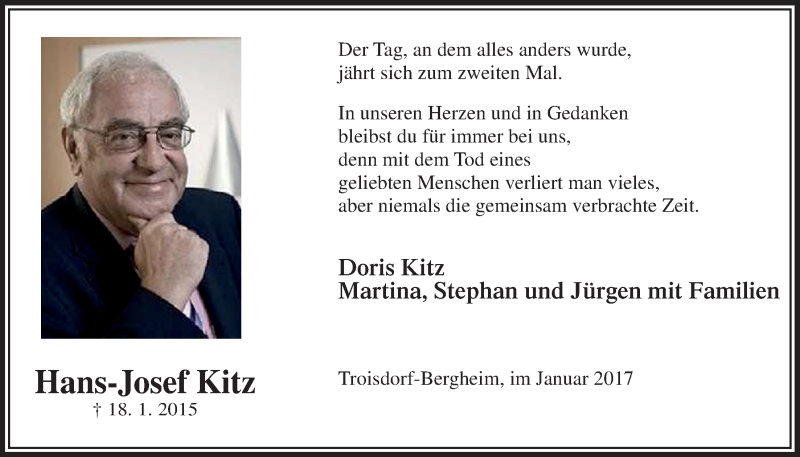  Traueranzeige für Hans-Josef Kitz vom 18.01.2017 aus  Extra Blatt 