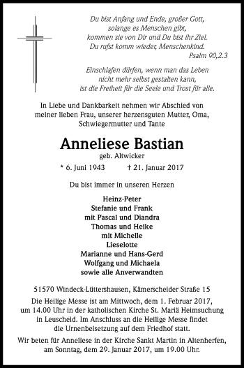 Anzeige von Anneliese Bastian von Kölner Stadt-Anzeiger / Kölnische Rundschau / Express