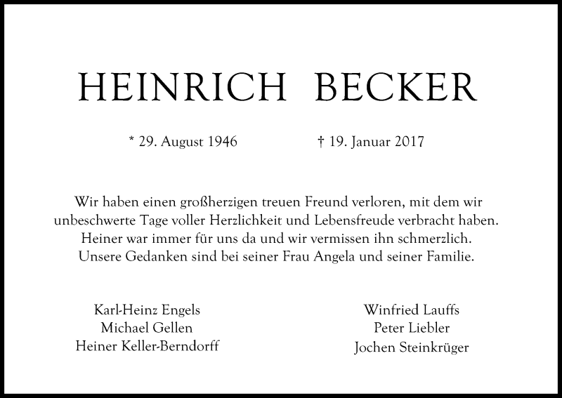 Traueranzeige für Heinrich Becker vom 24.01.2017 aus Kölner Stadt-Anzeiger / Kölnische Rundschau / Express