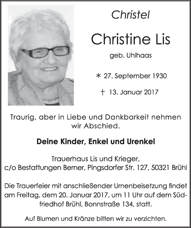  Traueranzeige für Christine Lis vom 18.01.2017 aus  Schlossbote/Werbekurier 