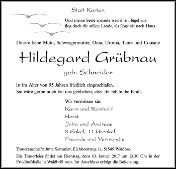 Anzeige von Hildegard Grübnau von Kölner Stadt-Anzeiger / Kölnische Rundschau / Express
