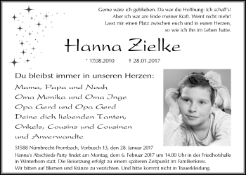 Anzeige von Hanna Zielke von  Lokalanzeiger 