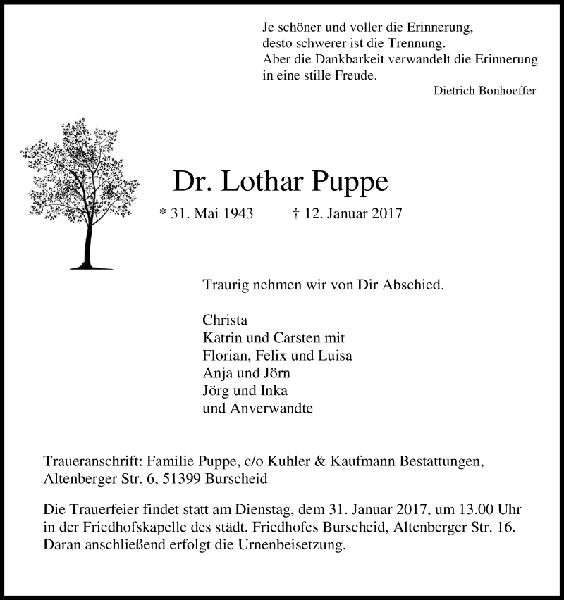  Traueranzeige für Lothar Puppe vom 21.01.2017 aus Kölner Stadt-Anzeiger / Kölnische Rundschau / Express