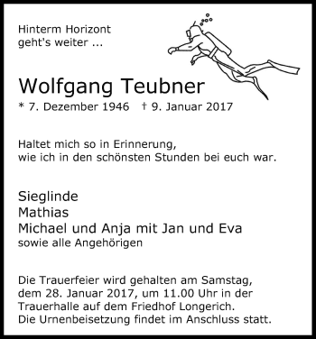 Anzeige von Wolfgang Teubner von Kölner Stadt-Anzeiger / Kölnische Rundschau / Express