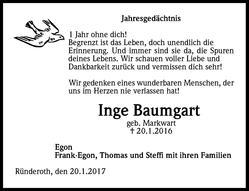  Traueranzeige für Inge Baumgart vom 20.01.2017 aus Kölner Stadt-Anzeiger / Kölnische Rundschau / Express