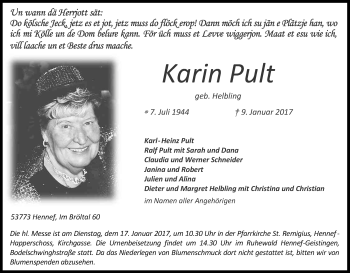 Anzeige von Karin Pult von Kölner Stadt-Anzeiger / Kölnische Rundschau / Express
