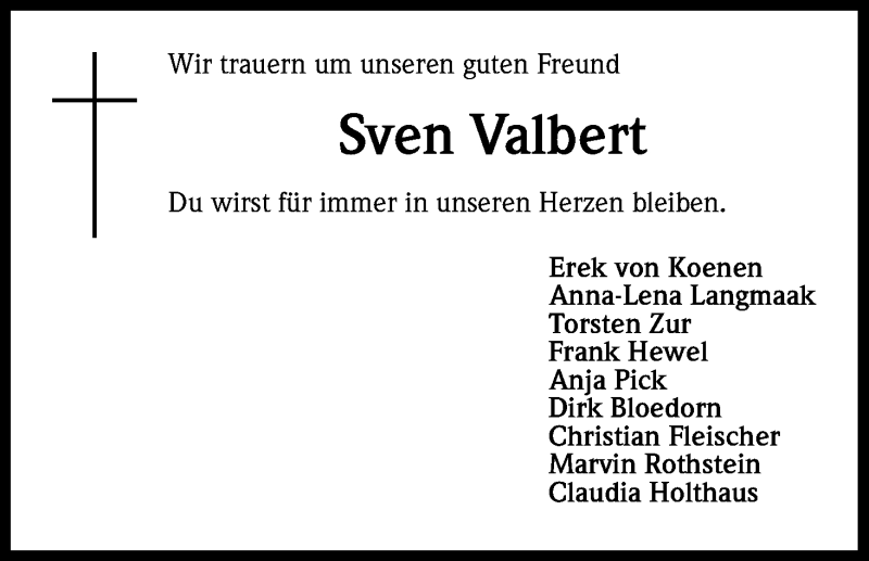  Traueranzeige für Sven Valbert vom 27.01.2017 aus Kölner Stadt-Anzeiger / Kölnische Rundschau / Express