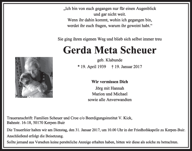  Traueranzeige für Gerda Meta Scheuer vom 28.01.2017 aus  Sonntags-Post 