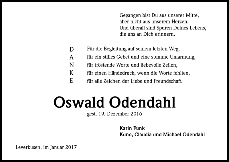  Traueranzeige für Oswald Odendahl vom 28.01.2017 aus Kölner Stadt-Anzeiger / Kölnische Rundschau / Express