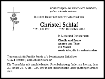 Anzeige von Christel Schlaf von Kölner Stadt-Anzeiger / Kölnische Rundschau / Express