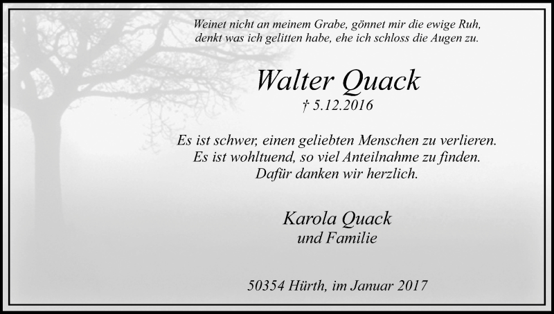  Traueranzeige für Walter Quack vom 01.02.2017 aus Kölner Stadt-Anzeiger / Kölnische Rundschau / Express