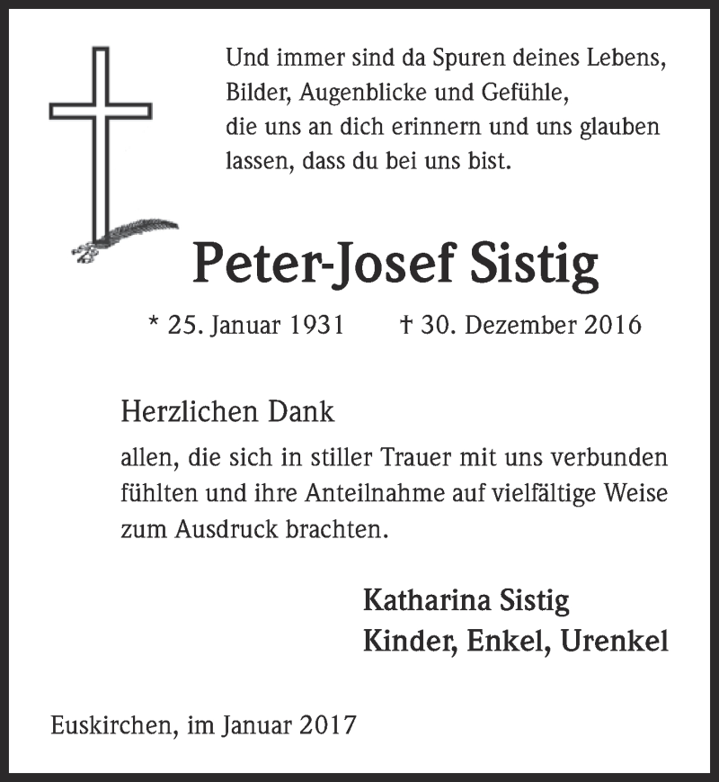  Traueranzeige für Peter-Josef Sistig vom 21.01.2017 aus  Blickpunkt Euskirchen 
